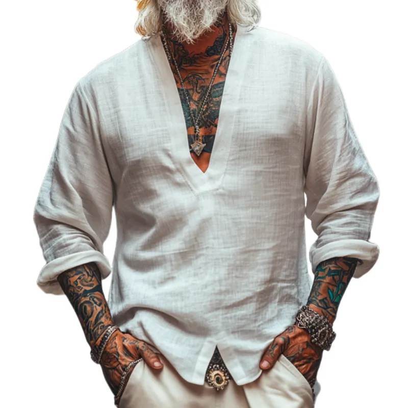 Men's Casual Vintage V-neck Cotton Blend Long-sleeved T-shirt 62342584F sold by Manly