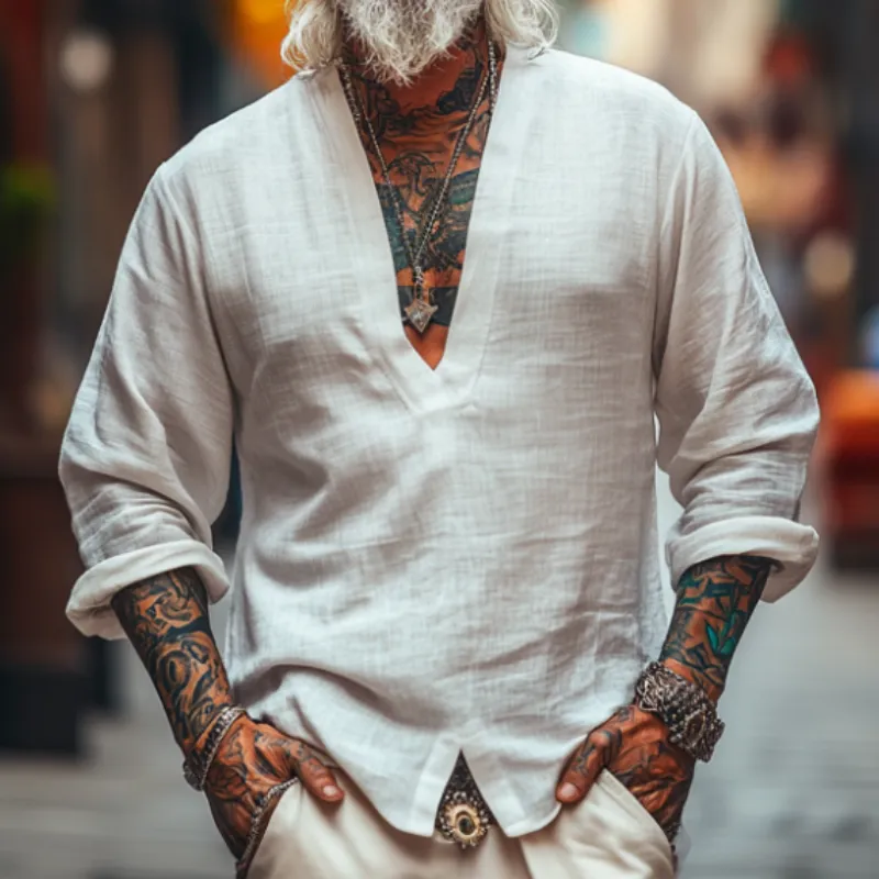 Men's Casual Vintage V-neck Cotton Blend Long-sleeved T-shirt 62342584F sold by Manly product image thumbnail 3