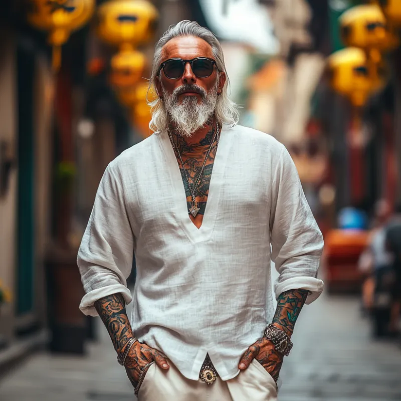 Men's Casual Vintage V-neck Cotton Blend Long-sleeved T-shirt 62342584F sold by Manly product image thumbnail 2