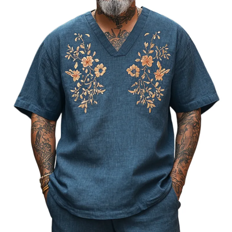 Men's Casual Vintage V-neck Cotton Blend Embroidered Short-sleeved T-shirt 09071413F sold by Manly