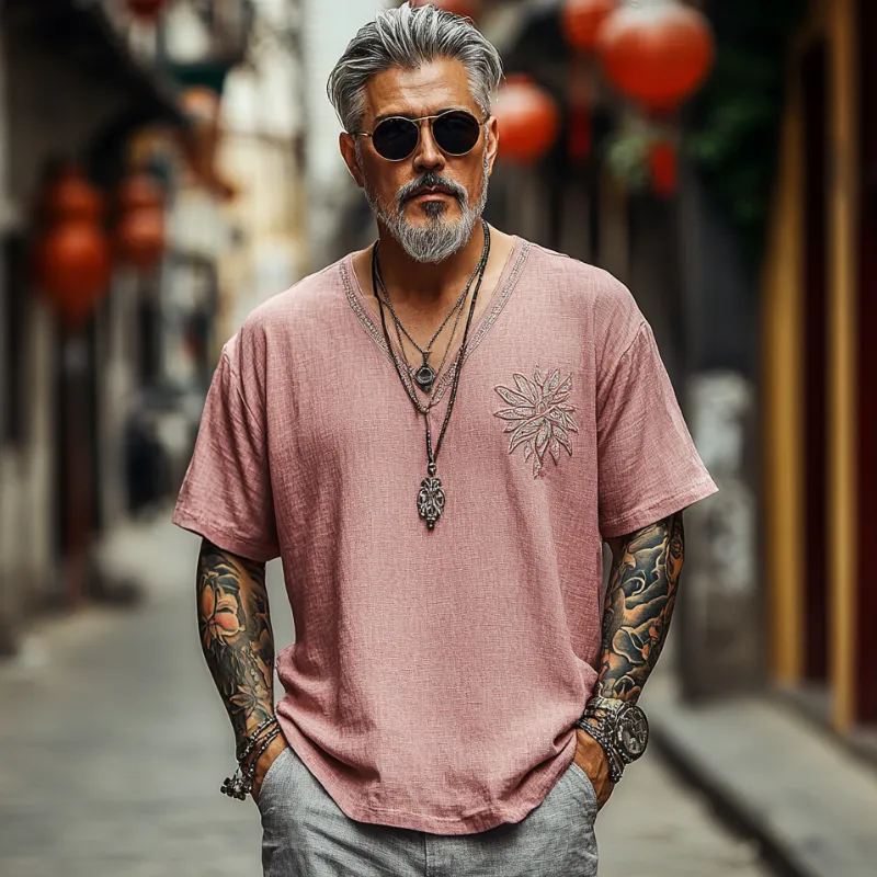 Men's Casual Vintage V-neck Cotton Blend Embroidered Short-sleeved T-shirt 99474200F sold by Manly product image thumbnail 2