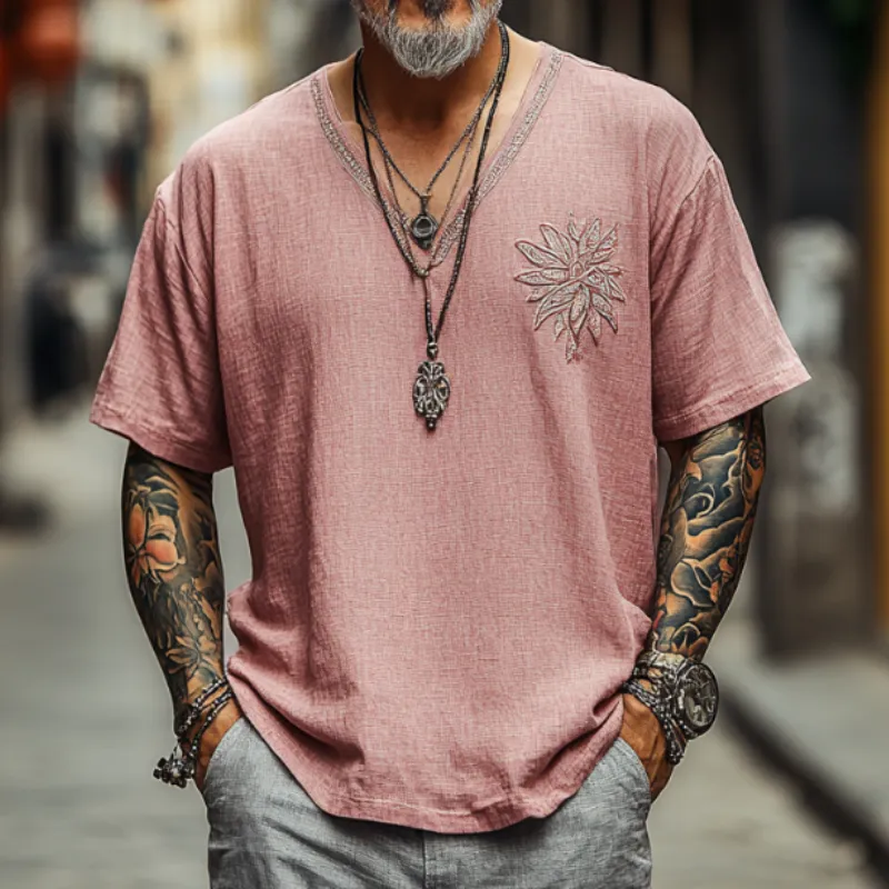 Men's Casual Vintage V-neck Cotton Blend Embroidered Short-sleeved T-shirt 99474200F sold by Manly product image thumbnail 3