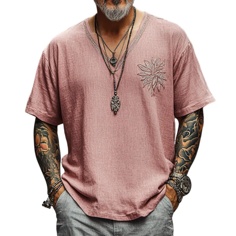 Men's Casual Vintage V-neck Cotton Blend Embroidered Short-sleeved T-shirt 99474200F sold by Manly