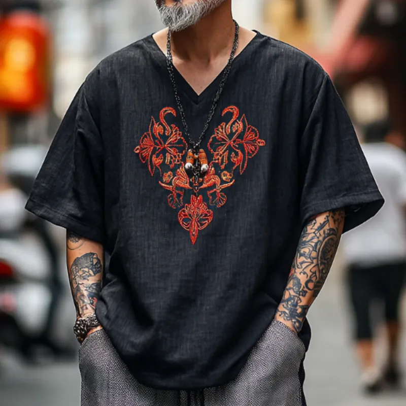 Men's Casual Vintage V-neck Cotton Blend Embroidered Short-sleeved T-shirt 83370875F sold by Manly product image thumbnail 3