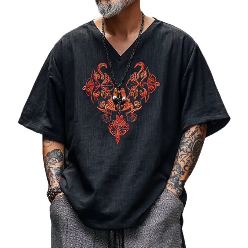 Men's Casual Vintage V-neck Cotton Blend Embroidered Short-sleeved T-shirt 83370875F sold by Manly