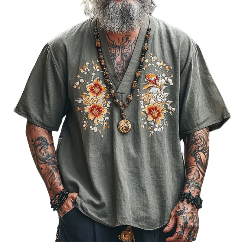 Men's Casual Vintage V-neck Cotton Blend Embroidered Short-sleeved T-shirt 08606433F sold by Manly