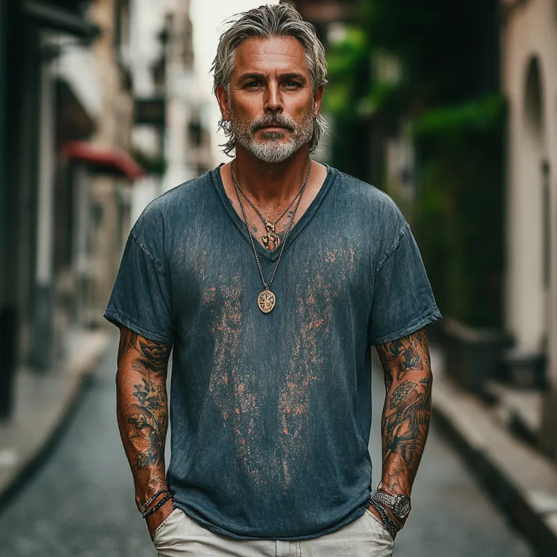 Men's Casual Vintage V-neck Cotton Blend Digital Print Short-sleeved T-shirt 20650013F sold by Manly product image thumbnail 2