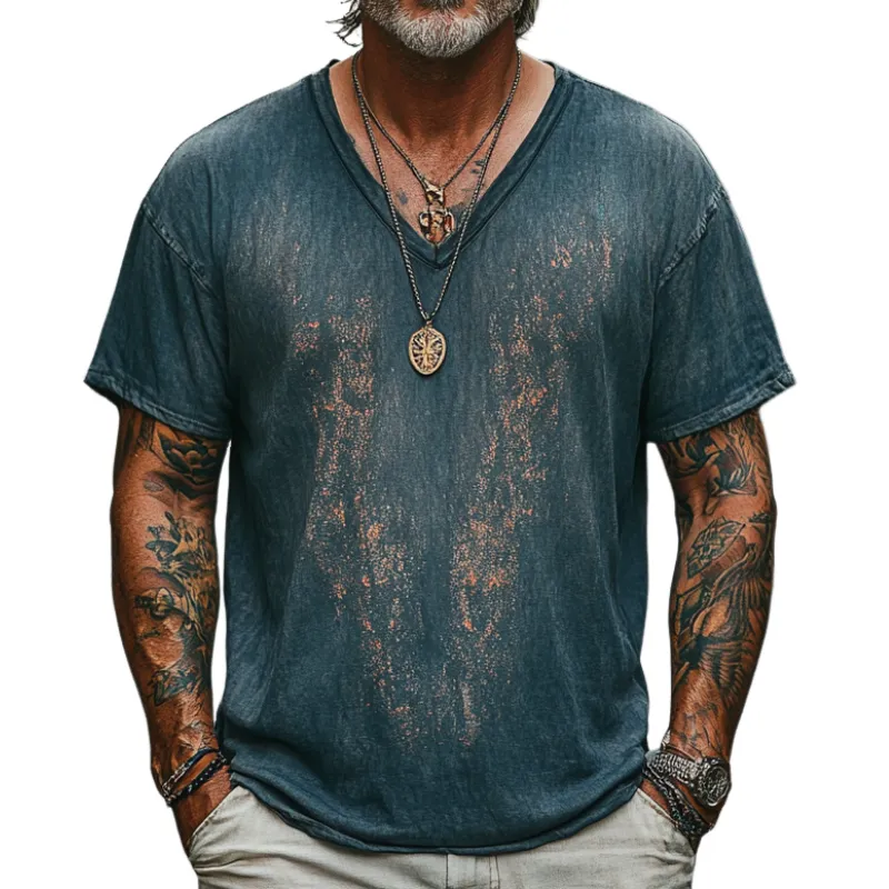 Men's Casual Vintage V-neck Cotton Blend Digital Print Short-sleeved T-shirt 20650013F sold by Manly