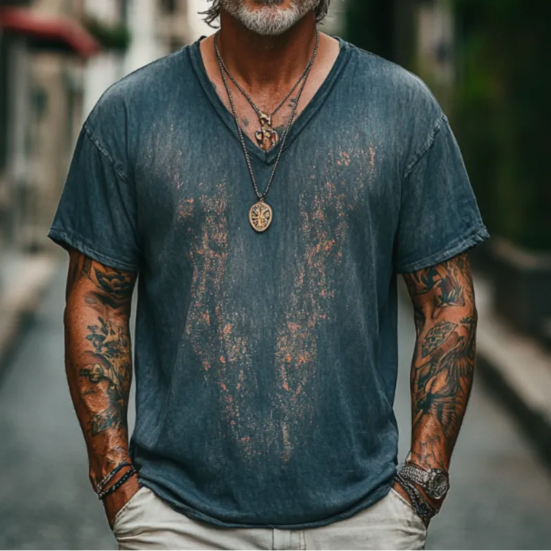 Men's Casual Vintage V-neck Cotton Blend Digital Print Short-sleeved T-shirt 20650013F sold by Manly product image thumbnail 3