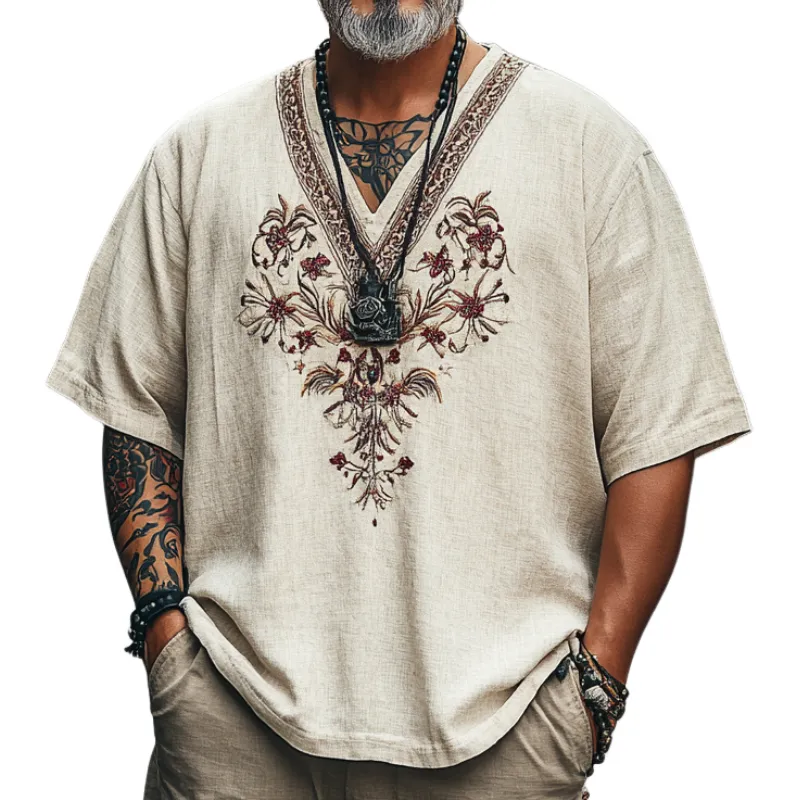 Men's Casual Vintage V-neck Cotton Blend Embroidered Short-sleeved T-shirt 83530661F sold by Manly