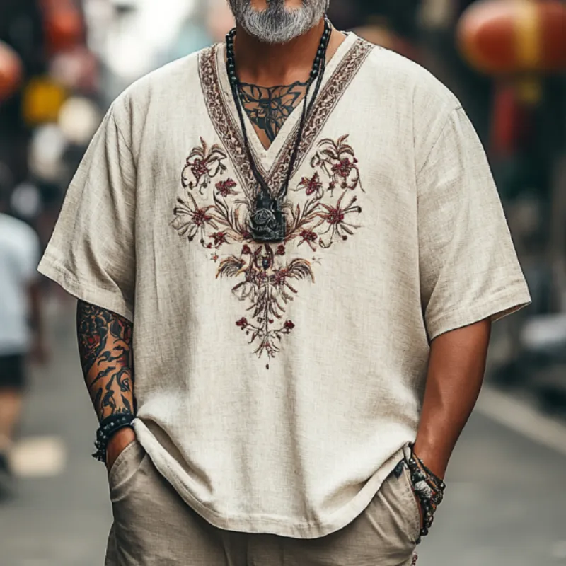 Men's Casual Vintage V-neck Cotton Blend Embroidered Short-sleeved T-shirt 83530661F sold by Manly product image thumbnail 3