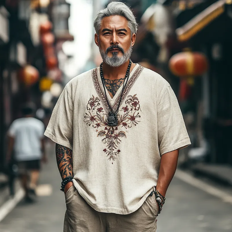 Men's Casual Vintage V-neck Cotton Blend Embroidered Short-sleeved T-shirt 83530661F sold by Manly product image thumbnail 2