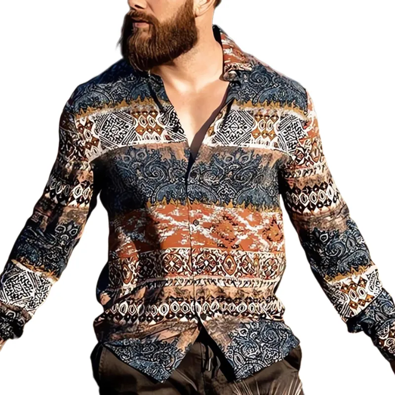 Men's Casual Retro Colorblock Print Long Sleeve Shirt 08537192U sold by Manly