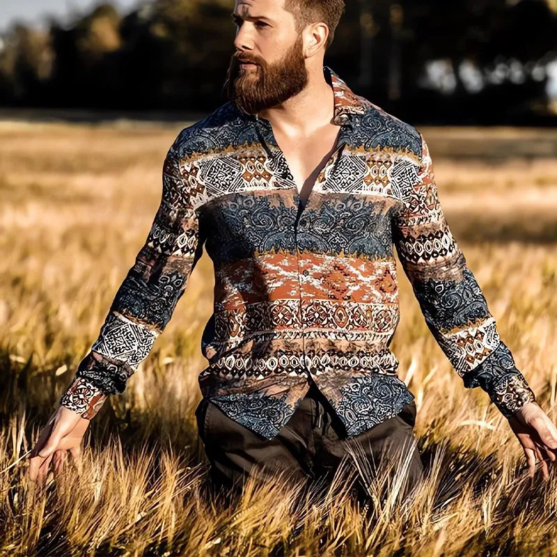 Men's Casual Retro Colorblock Print Long Sleeve Shirt 08537192U sold by Manly product image thumbnail 3