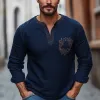 Men's Navy Blue Cotton and Linen Vintage Embroidery V-Neck Long Sleeve T-Shirt 48150060U sold by Manly