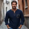 Men's Navy Blue Cotton and Linen Vintage Embroidery V-Neck Long Sleeve T-Shirt 48150060U sold by Manly