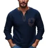 Men's Navy Blue Cotton and Linen Vintage Embroidery V-Neck Long Sleeve T-Shirt 48150060U sold by Manly