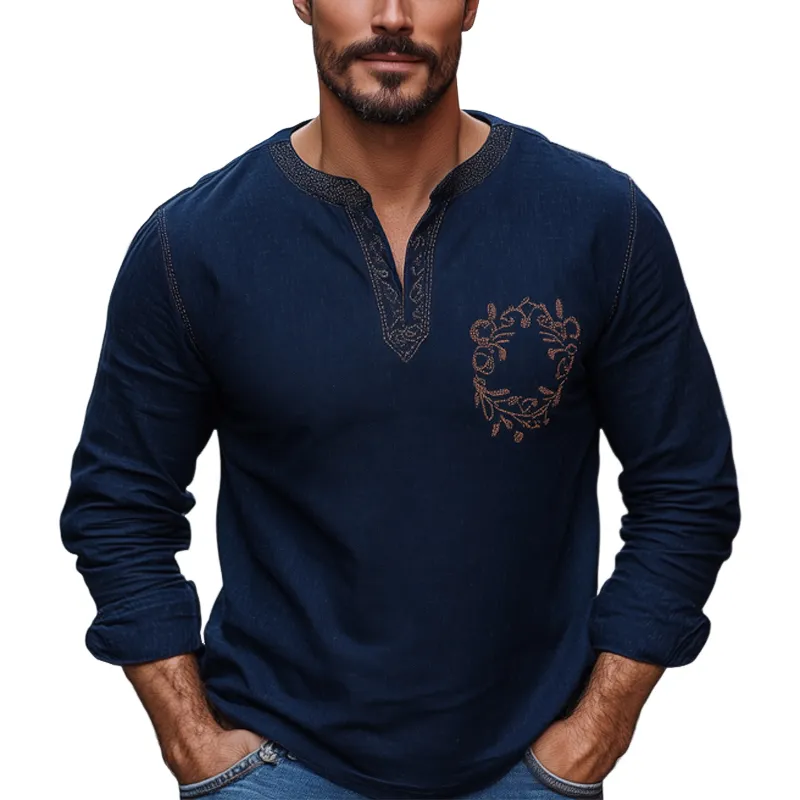 Men's Navy Blue Cotton and Linen Vintage Embroidery V-Neck Long Sleeve T-Shirt 48150060U sold by Manly