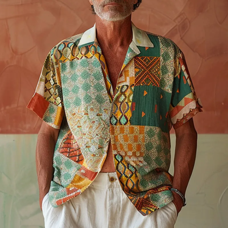 Men's cotton and linen printed short-sleeved shirt 35318519P sold by Manly product image thumbnail 2