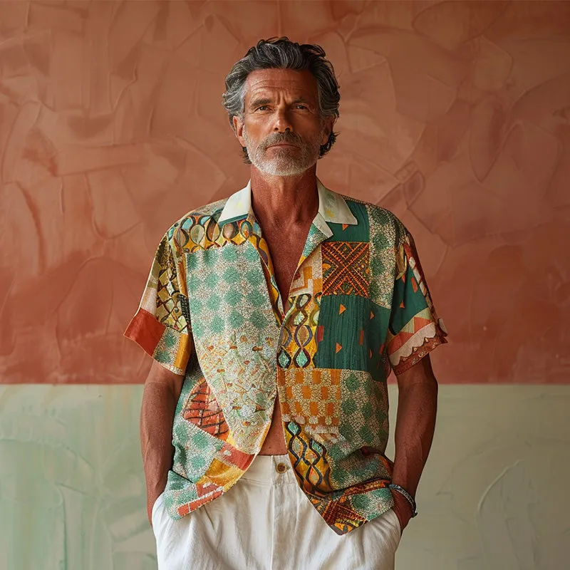 Men's cotton and linen printed short-sleeved shirt 35318519P sold by Manly product image thumbnail 3