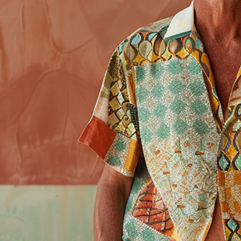 Men's cotton and linen printed short-sleeved shirt 35318519P sold by Manly product image thumbnail 5