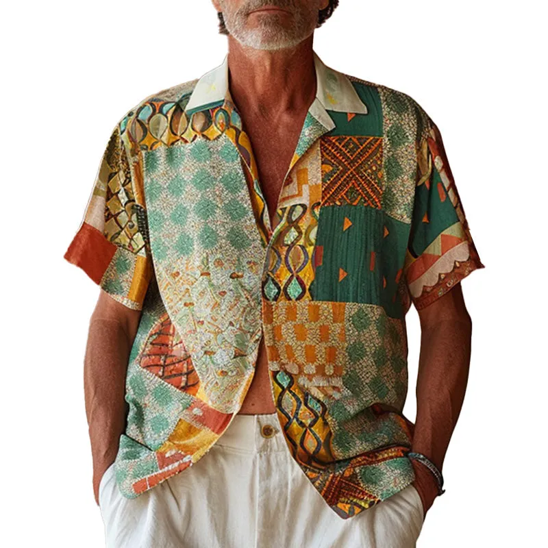 Men's cotton and linen printed short-sleeved shirt 35318519P sold by Manly
