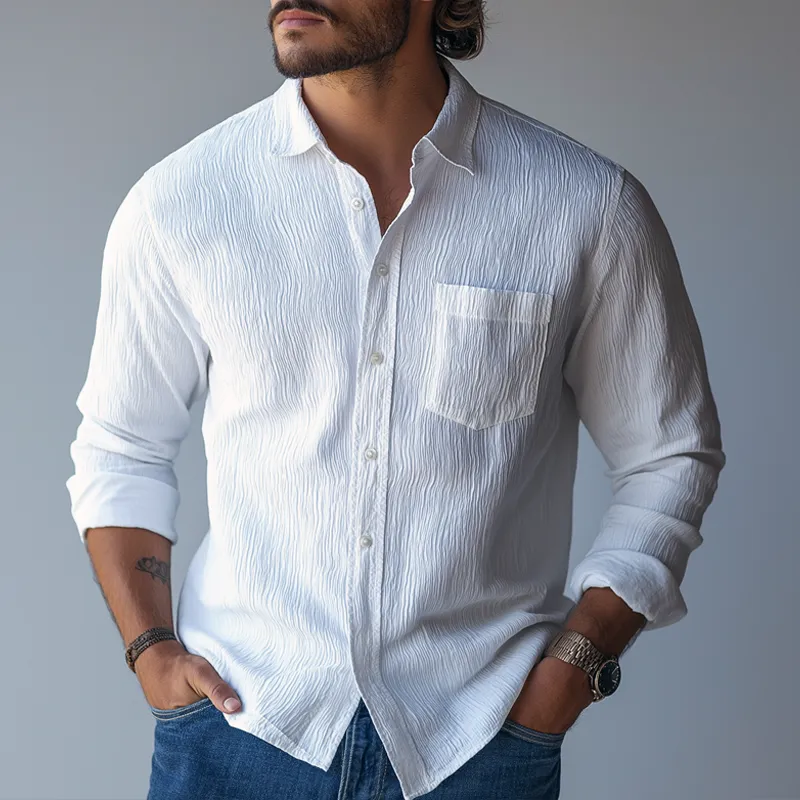 Men's Solid Textured Lapel Long Sleeve Casual Shirt 26943160Z sold by Manly product image thumbnail 2