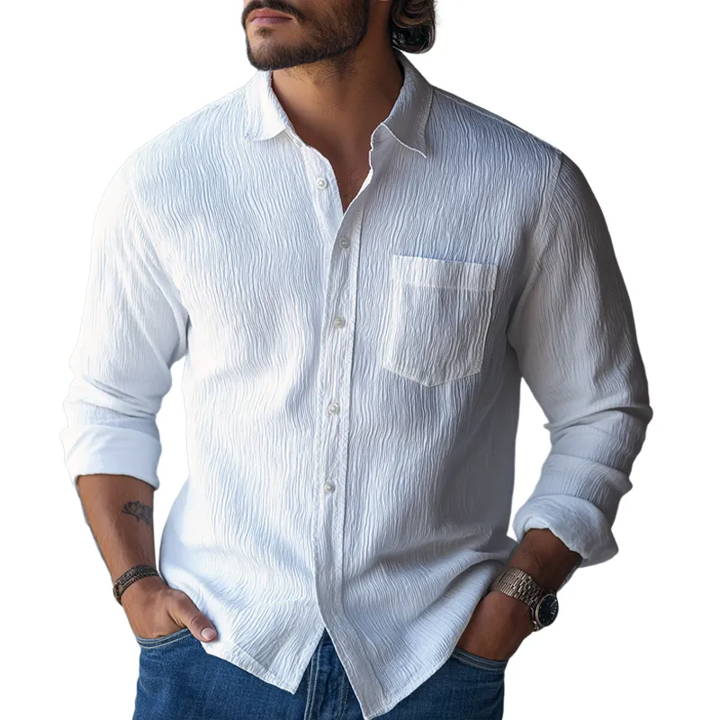 Men's Solid Textured Lapel Long Sleeve Casual Shirt 26943160Z sold by Manly