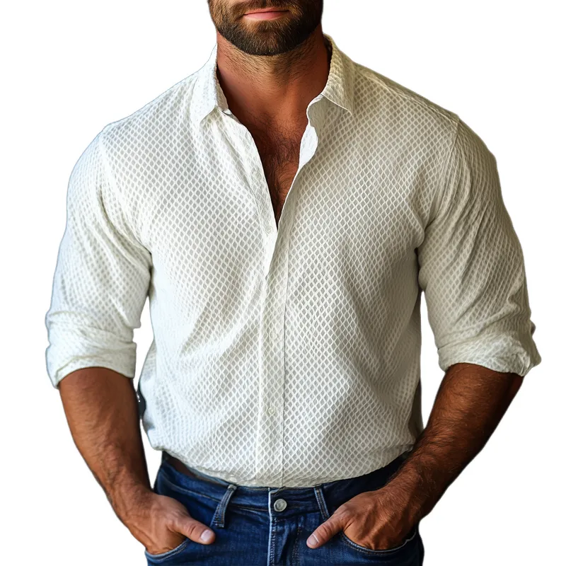 Men's Solid Textured Lapel Long Sleeve Casual Shirt 20194348Z sold by Manly