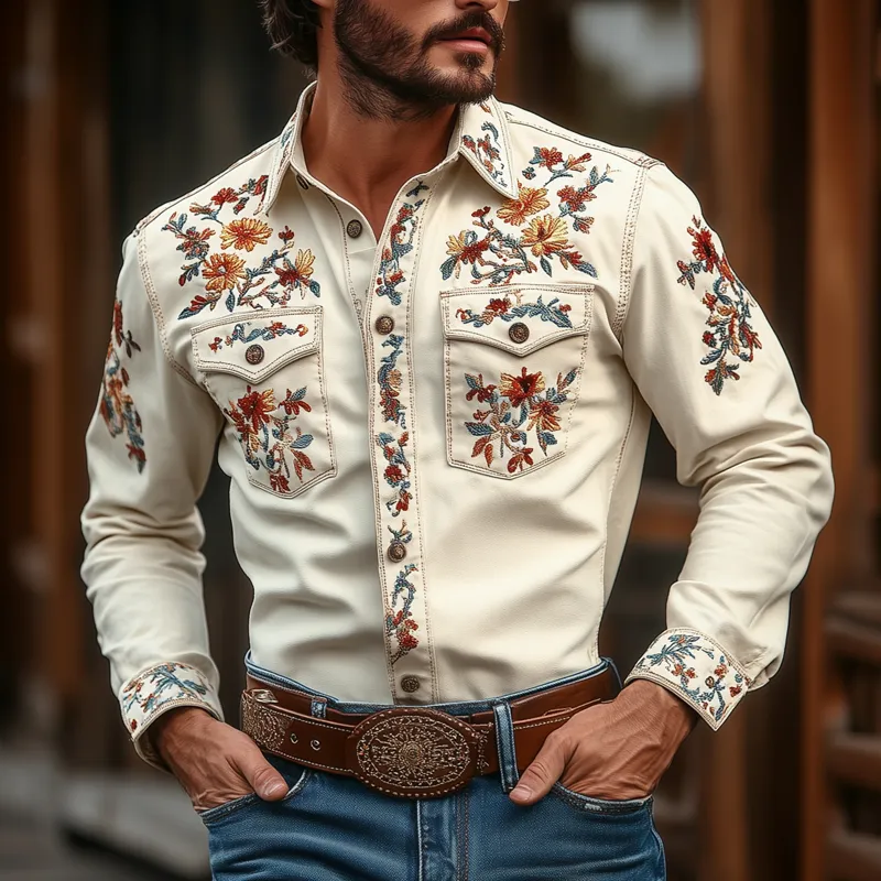 Men's Western Cowboy Style Embroidered Lapel Chest Pocket Long Sleeve Cotton Shirt 24193428Z sold by Manly product image thumbnail 2