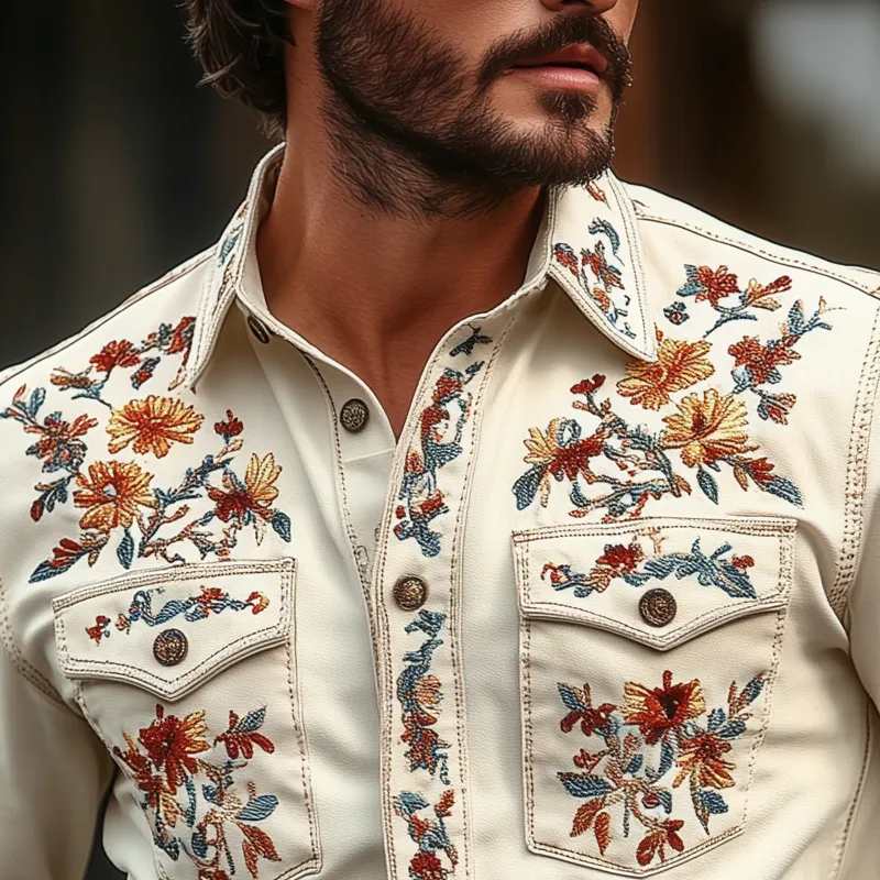 Men's Western Cowboy Style Embroidered Lapel Chest Pocket Long Sleeve Cotton Shirt 24193428Z sold by Manly product image thumbnail 3