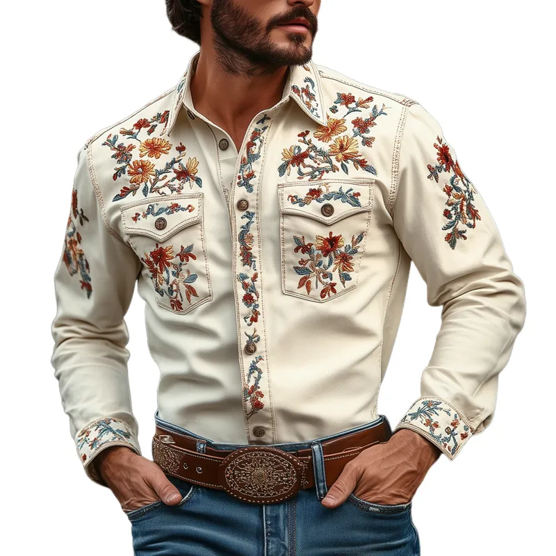 Men's Western Cowboy Style Embroidered Lapel Chest Pocket Long Sleeve Cotton Shirt 24193428Z sold by Manly