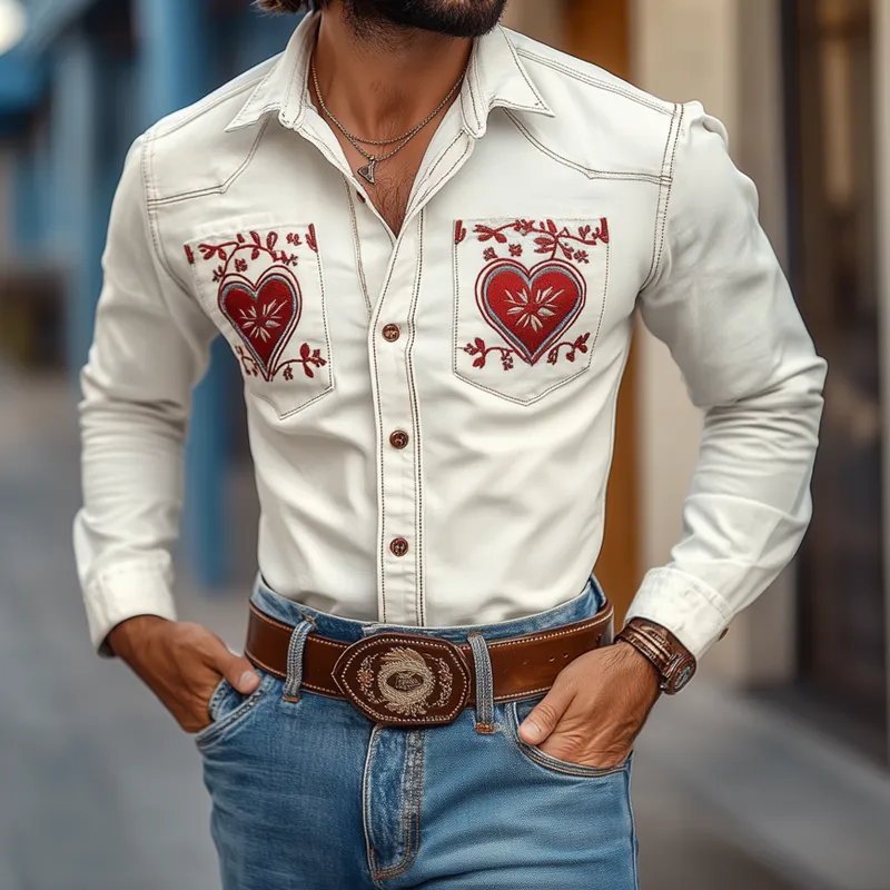 Men's Western Cowboy Style Embroidered Lapel Chest Pocket Long Sleeve Cotton Shirt 21970359Z sold by Manly product image thumbnail 2