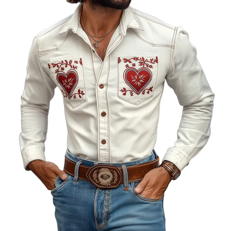 Men's Western Cowboy Style Embroidered Lapel Chest Pocket Long Sleeve Cotton Shirt 21970359Z sold by Manly