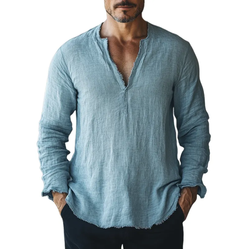 Men's Solid Color Cotton And Linen Raw Edge V Neck Long Sleeve Shirt 77988606Z sold by Manly