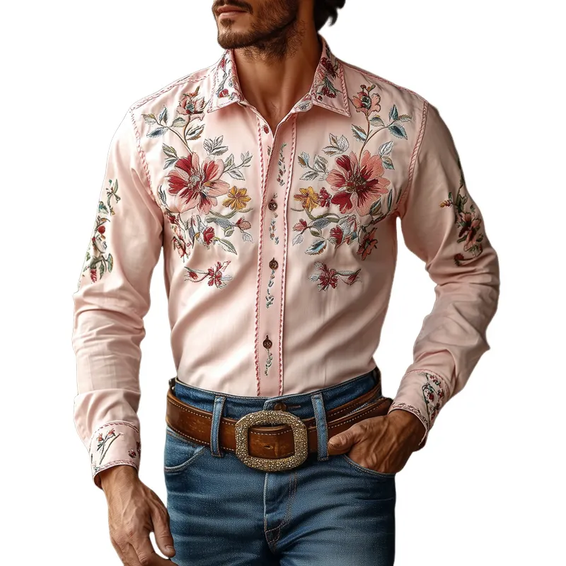 Men's Western Cowboy Style Embroidered Lapel Long Sleeve Cotton Shirt 70753609Z sold by Manly