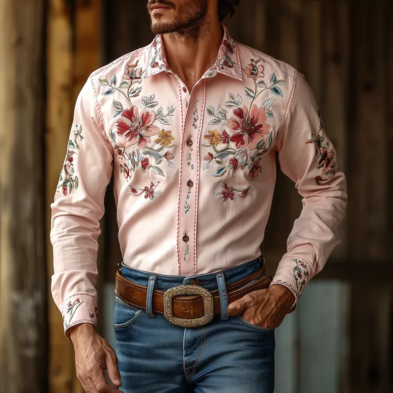 Men's Western Cowboy Style Embroidered Lapel Long Sleeve Cotton Shirt 70753609Z sold by Manly product image thumbnail 2