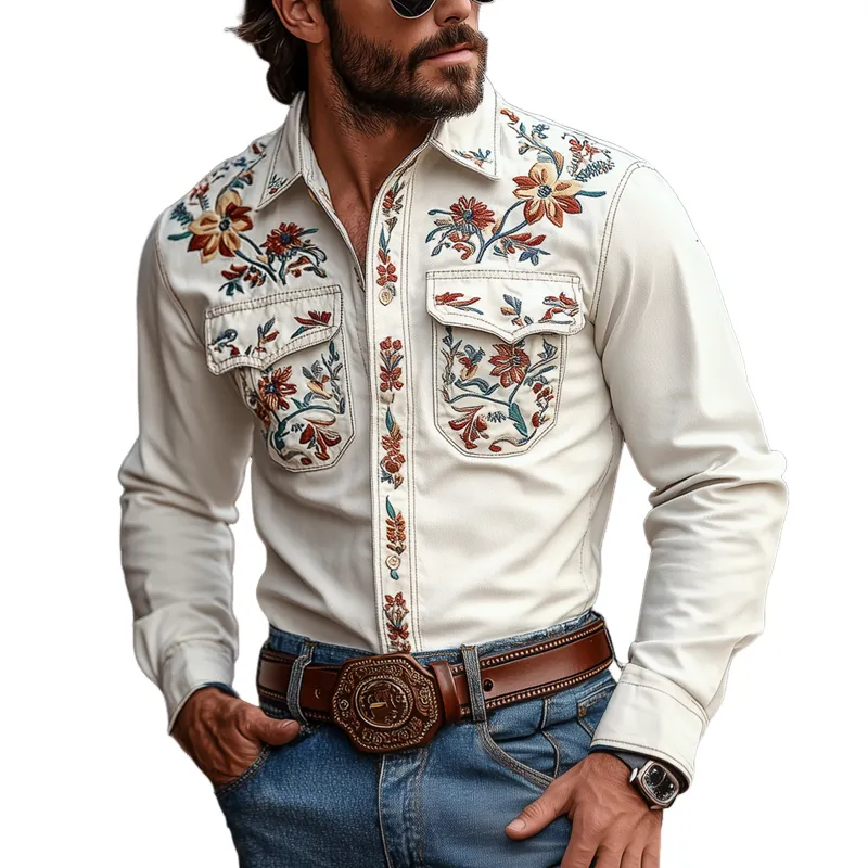 Men's Western Cowboy Style Embroidered Lapel Chest Pocket Long Sleeve Cotton Shirt 18612126Z sold by Manly