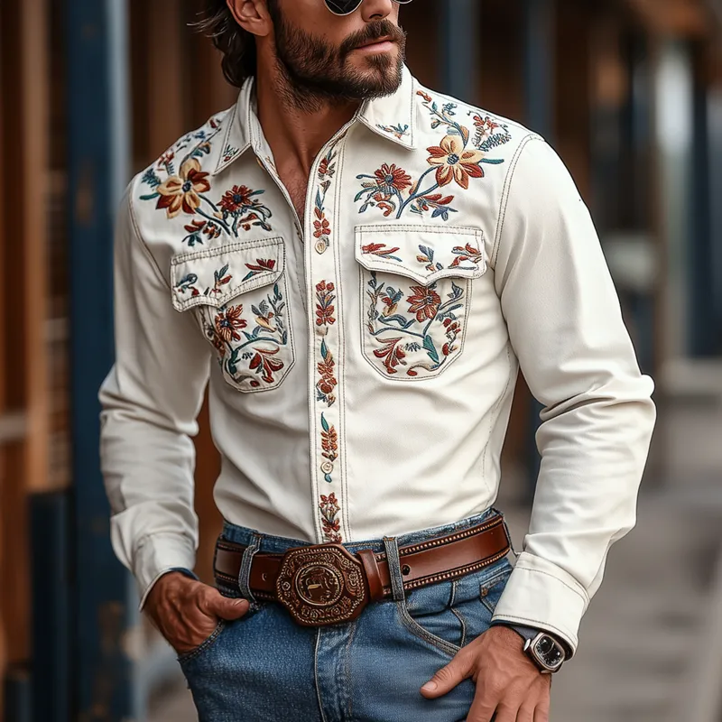 Men's Western Cowboy Style Embroidered Lapel Chest Pocket Long Sleeve Cotton Shirt 18612126Z sold by Manly product image thumbnail 2