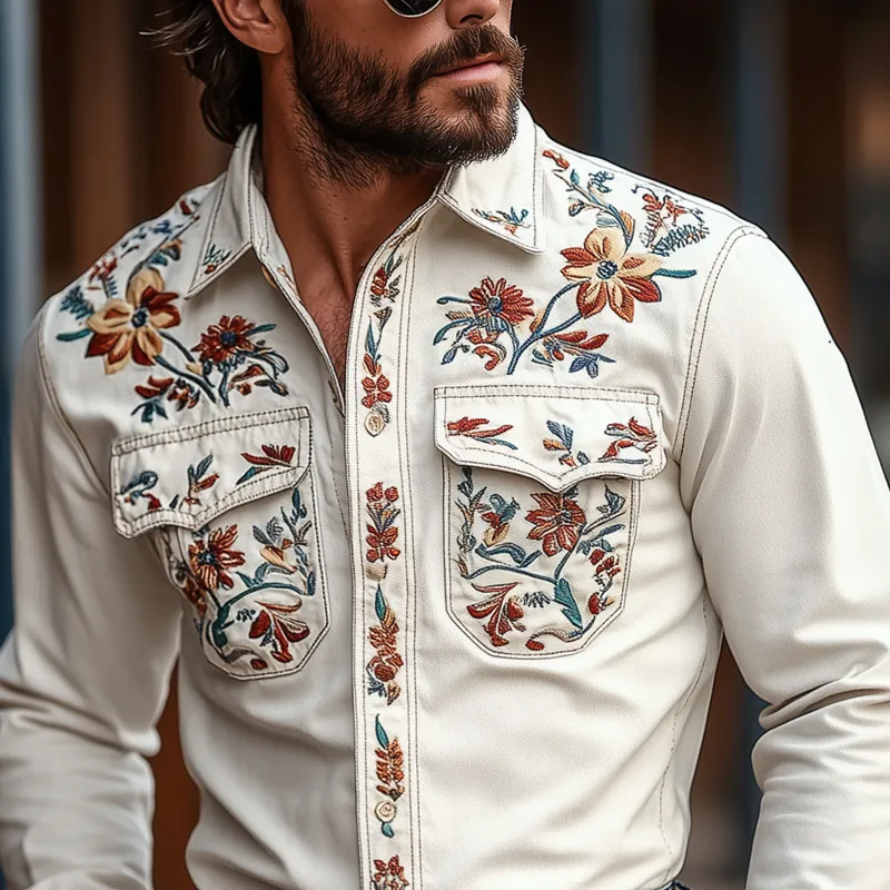 Men's Western Cowboy Style Embroidered Lapel Chest Pocket Long Sleeve Cotton Shirt 18612126Z sold by Manly product image thumbnail 3