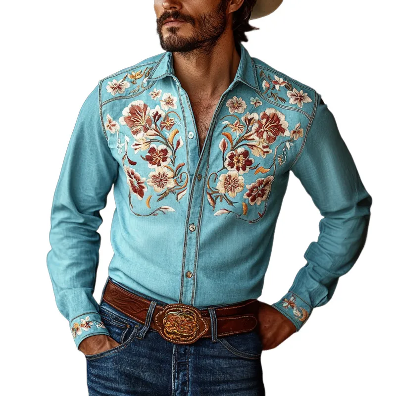 Men's Western Cowboy Style Embroidered Lapel Long Sleeve Cotton Shirt 87626235Z sold by Manly