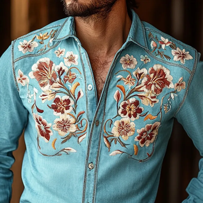 Men's Western Cowboy Style Embroidered Lapel Long Sleeve Cotton Shirt 87626235Z sold by Manly product image thumbnail 3
