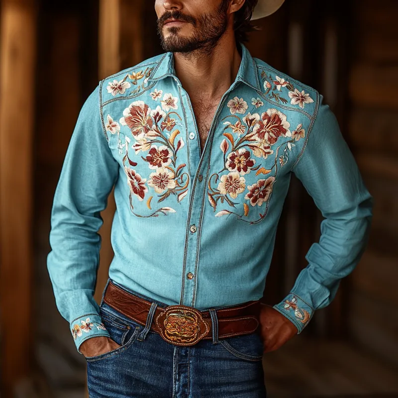 Men's Western Cowboy Style Embroidered Lapel Long Sleeve Cotton Shirt 87626235Z sold by Manly product image thumbnail 2