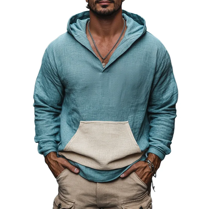 Men's Colorblock Cotton And Linen Long Sleeve Hoodie 36171079Z sold by Manly