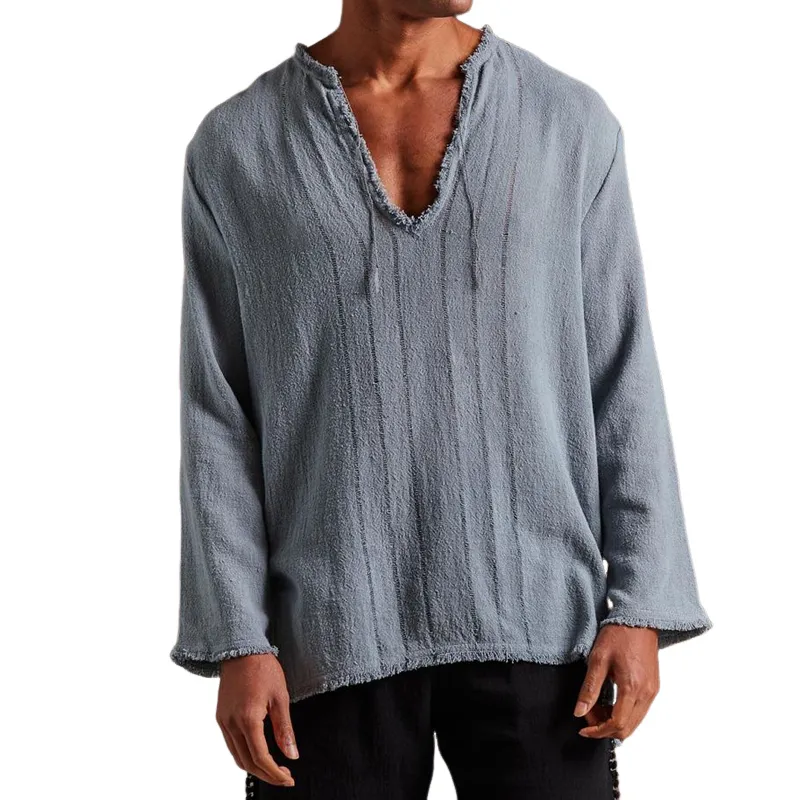 Men's Solid Color Cotton And Linen Raw Edge V Neck Long Sleeve Shirt 64703423Z sold by Manly