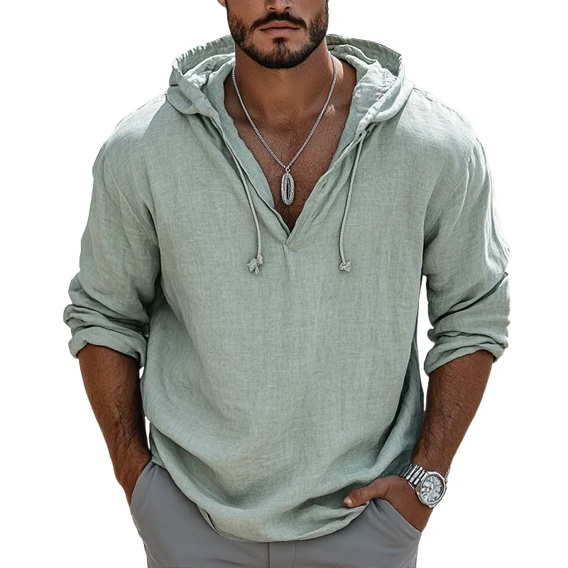 Men's Solid Color Cotton And Linen Loose Long Sleeve Hoodie 92104252Z sold by Manly