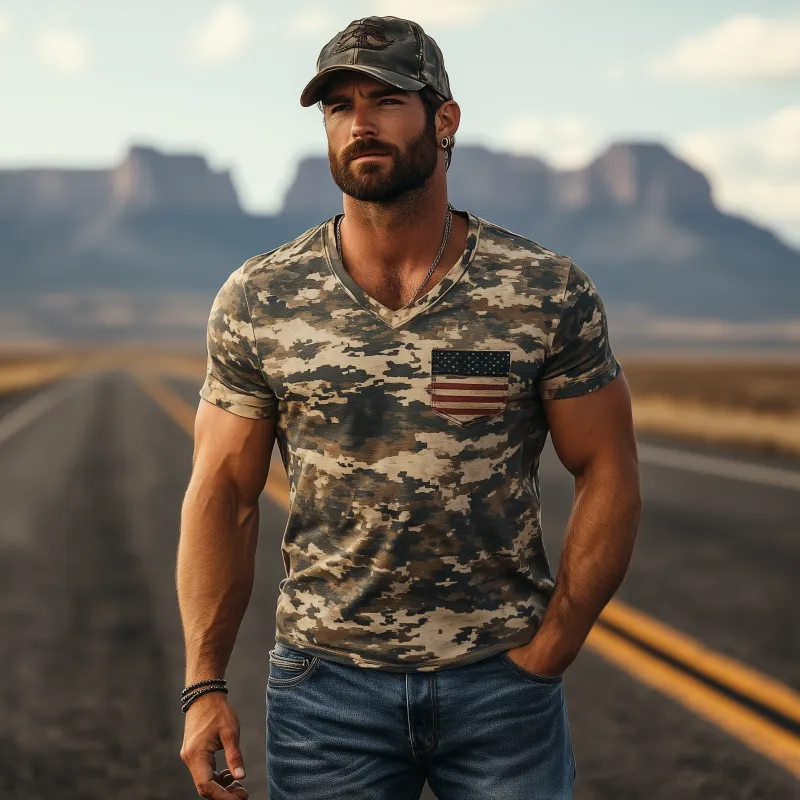 Men's Classic American Retro Camouflage V Neck Cotton T-Shirt 32300257K sold by Manly product image thumbnail 2