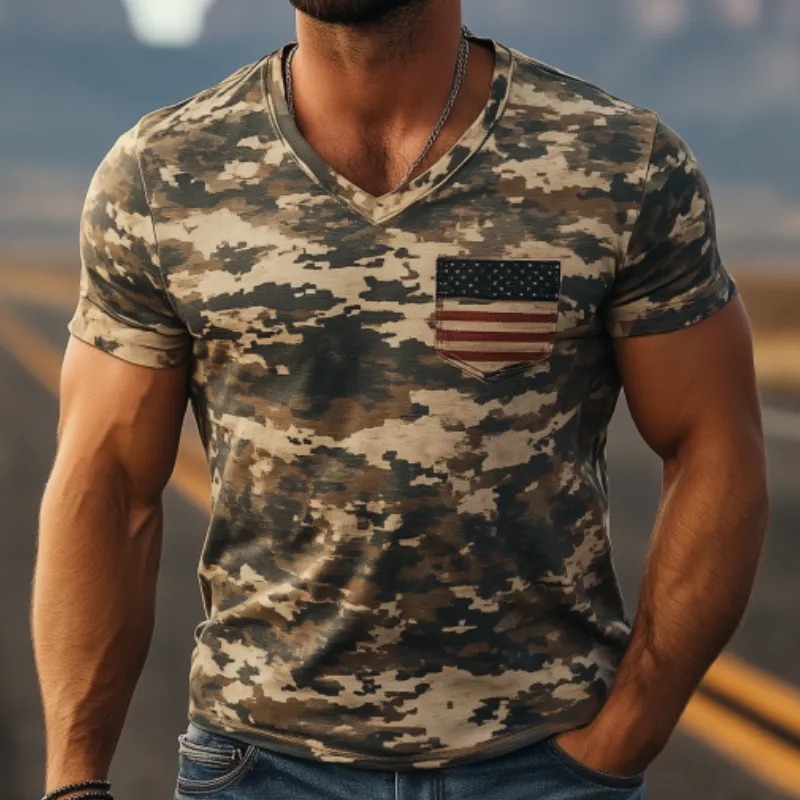 Men's Classic American Retro Camouflage V Neck Cotton T-Shirt 32300257K sold by Manly product image thumbnail 3