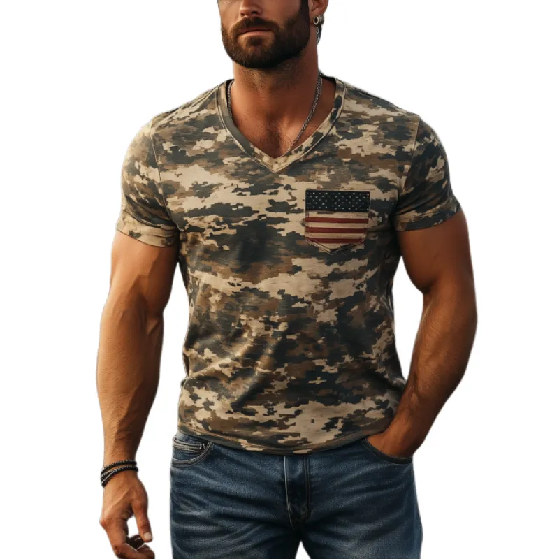 Men's Classic American Retro Camouflage V Neck Cotton T-Shirt 32300257K sold by Manly
