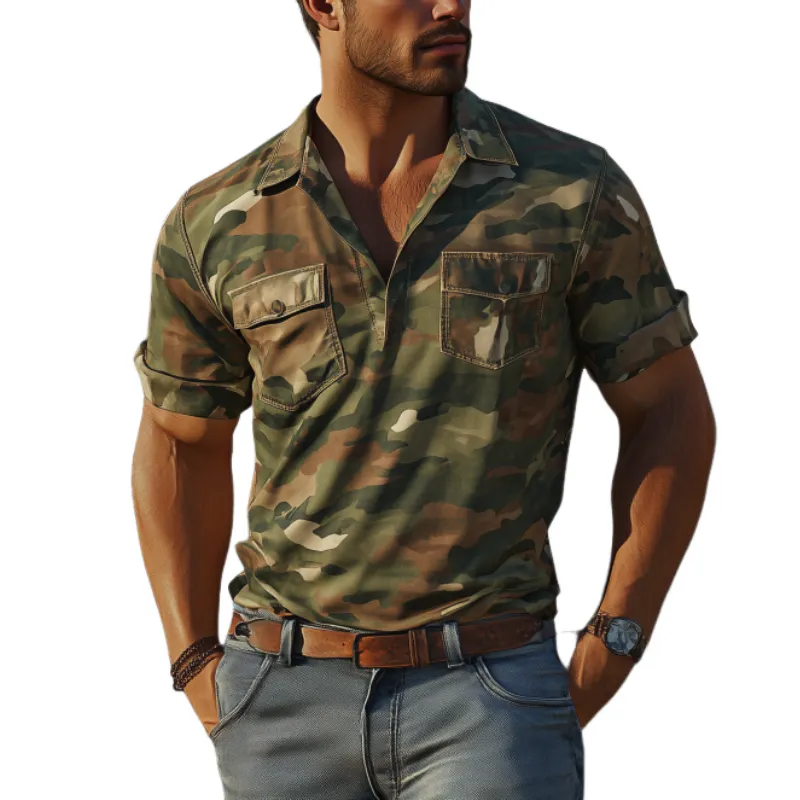 Men's Classic American Retro Slim Camouflage Short Sleeve POLO Shirt 38054707K sold by Manly